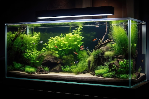 Acuario con plantas acuáticas y pastos marinos en hermoso arreglo creado con ai generativo