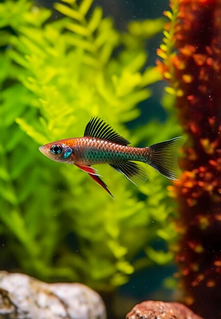 En el acuario con plantas y piedras La cola espinosa tiene una variedad de variedades de colores que incluyen rojo, naranja, amarillo, azul y verde IA generativa
