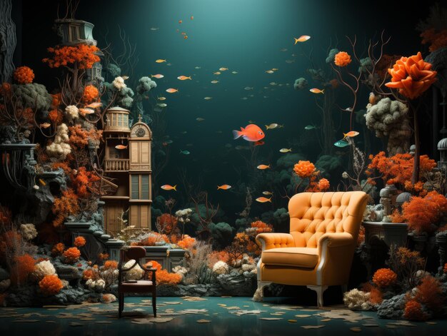 un acuario con una silla naranja y peces