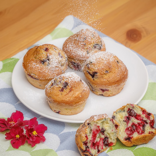 Açúcar em pó caindo em muffins recém-assados ou cupcakes no prato