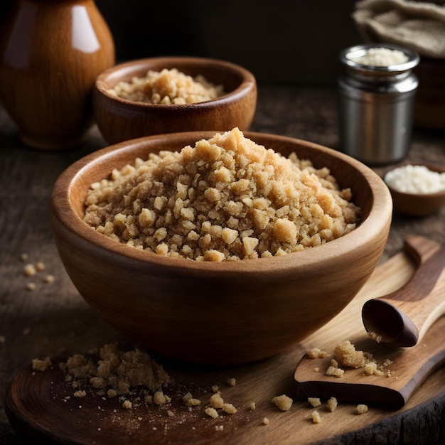 Açúcar Mascavo Em Uma Tigela De Madeira Na Mesa