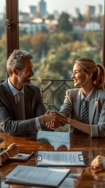 Acuerdo de apretón de manos entre un hombre de negocios y una mujer de negocios