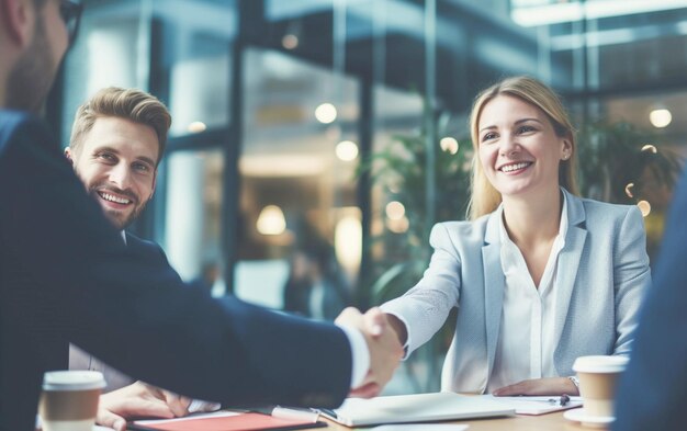 Foto acuerdo corporativo jóvenes empresarios se estrechan la mano