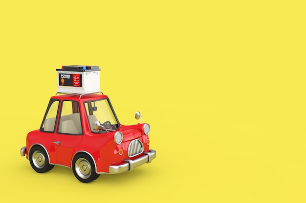 Acumulador 12V de bateria recarregável de carro com etiqueta abstrata com carro vermelho dos desenhos animados sobre um fundo amarelo. Renderização 3D