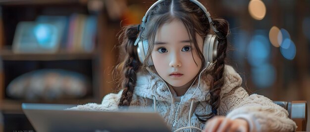 Adaptándose a la nueva normalidad Niña joven asiática estudiando en casa en una computadora portátil Concepto de aprendizaje a distancia Educación en línea Estudiante asiática Niña joven Estudiando en casa