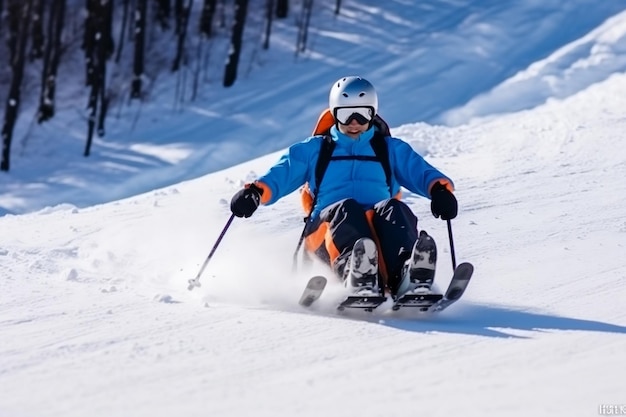 Foto adaptives skifahren auf schnee mit generativer ki für rollstühle