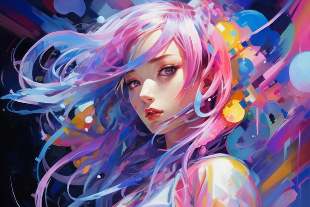 Adéntrate en un vibrante mundo futurista con una chica anime en esta obra de arte de IA generativa