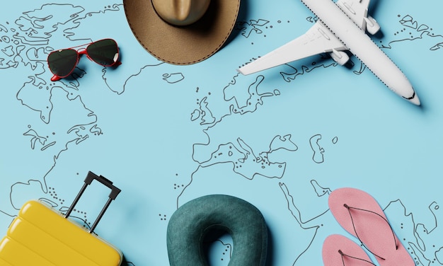 Adereços e equipamentos de viagem com mapa mundial de papel azul e fundo de equipamento de desejo de viajar Moda e conceito popular renderização de ilustração 3D