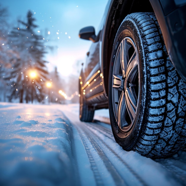 Aderência dos pneus de inverno próxima aos pneus do carro em uma estrada com neve para tamanho de postagem nas mídias sociais