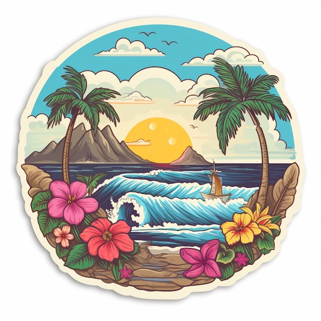 adesivo arrafado com uma imagem de uma cena de praia com uma onda e palmeiras ai generativo