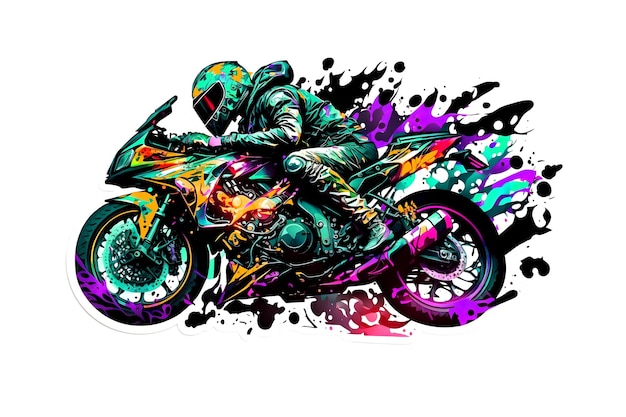 Adesivo de motociclista em motocicleta esportiva em estilo aquarela sobre fundo branco Arte gerada pela rede neural