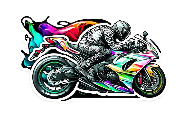 Adesivo de motociclista em motocicleta esportiva em estilo aquarela sobre fundo branco Arte gerada pela rede neural