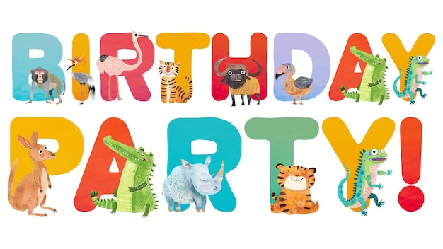 adesivo de palavra de festa de aniversário elemento png desenho de fonte de zoológico de animais editável