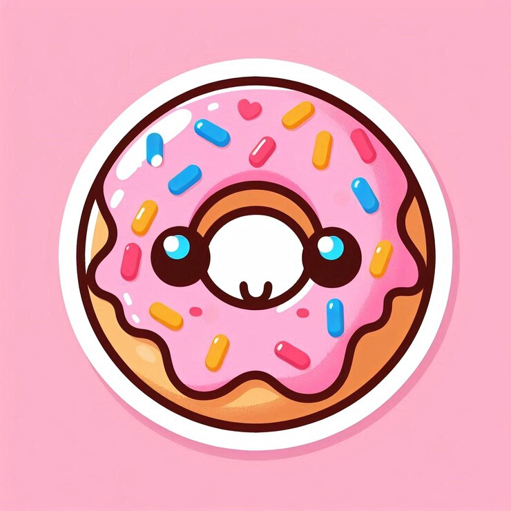 Foto adesivo de um donut bonito com salpicaduras coloridas em um fundo rosa sólido
