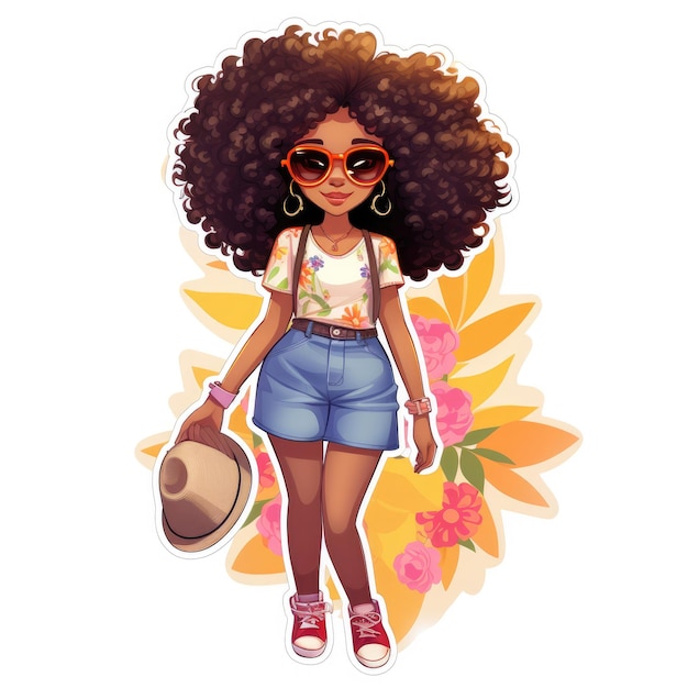 Adesivo de uma linda garota afro em roupas de verão urbanas isoladas em fundo branco