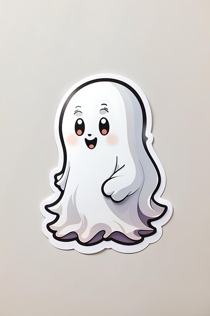 Foto adesivo imprimível sobre mínimo bonito desenho animado amigável fantasma fundo branco.