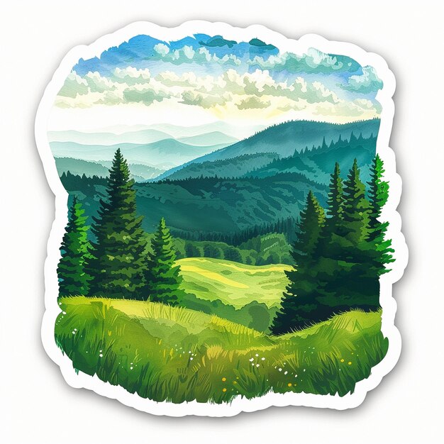 adesivos de verão com céu de campo florestal e caminhadas