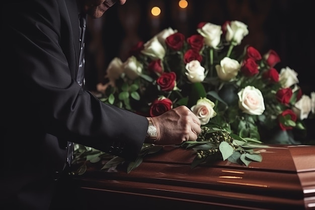 Adeus a uma pessoa falecida na igreja As flores do caixão e os parentes de luto estão nas proximidades