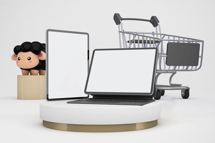 Foto adha tabletas y carrito de la compra lado derecho en fondo blanco.
