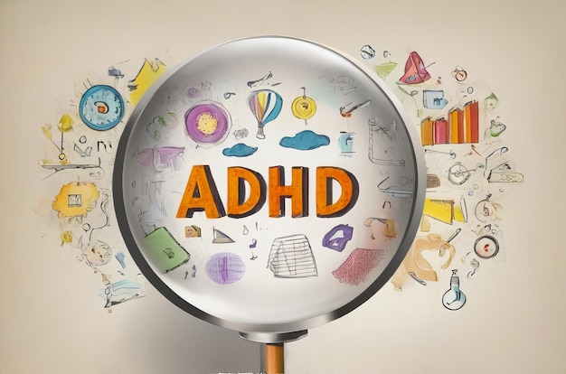 ADHD ilustrado como la abreviatura de Trastorno por déficit de atención e hiperactividad en un fondo neutro