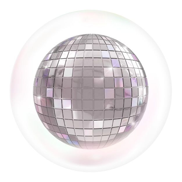 Adhesivo de bola png de discoteca plateada decoración de fiesta en fondo transparente de burbujas