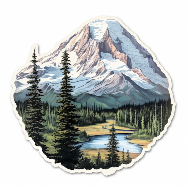 Adhesivo del bosque de la montaña de Mount Rainier Diseño detallado y realista de corte de matriz