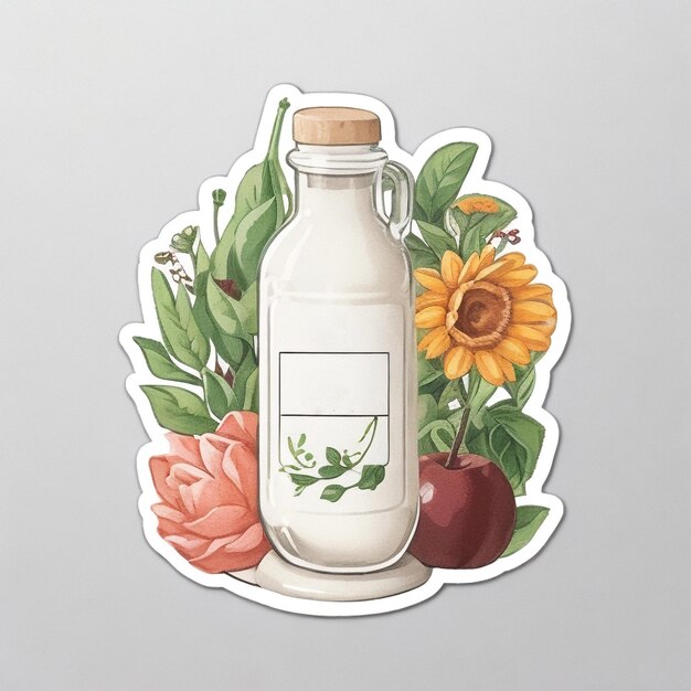 Adhesivo de una botella de jugo con flores y una etiqueta