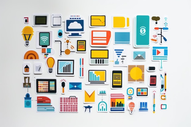Adhesivo de dibujos animados para tecnología concepto creativo para presentaciones tecnológicas desarrollo de software tutoriales de codificación y proyectos de diseño digital