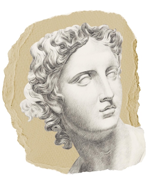 Adhesivo de estatua griega Png Ilustración vintage en papel rasgado de fondo transparente