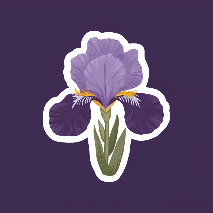 Foto adhesivo de un lindo iris con amplios pétalos púrpura en una ilustración de fondo púrpura oscuro sólido