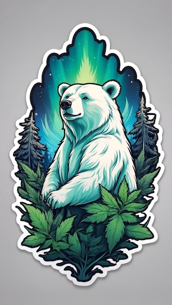 Foto adhesivo luces del norte mascota contorno de oso vector de cannabis fondo blanco