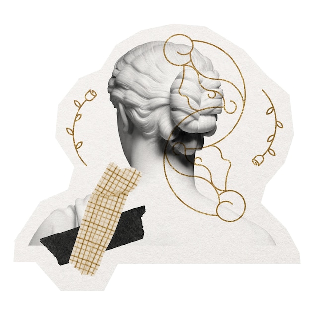 Adhesivo de mujer griega de PNG arte de collage digital con cinta washi en fondo transparente