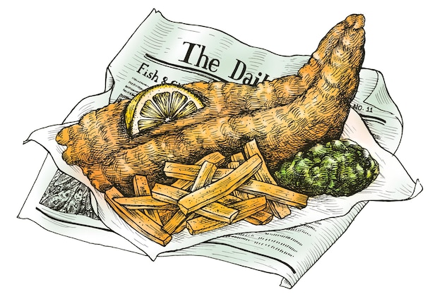Adhesivo de pescado y papas fritas transparente png dibujado a mano