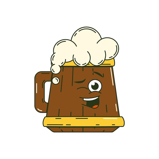 Foto adhesivo retro de feliz día de san patricio personaje de dibujos animados funky groovy taza de cerveza en vidrio de madera vintage mascota divertida parche sonrisa y emoción psicodélica ilustración vectorial cómica de moda