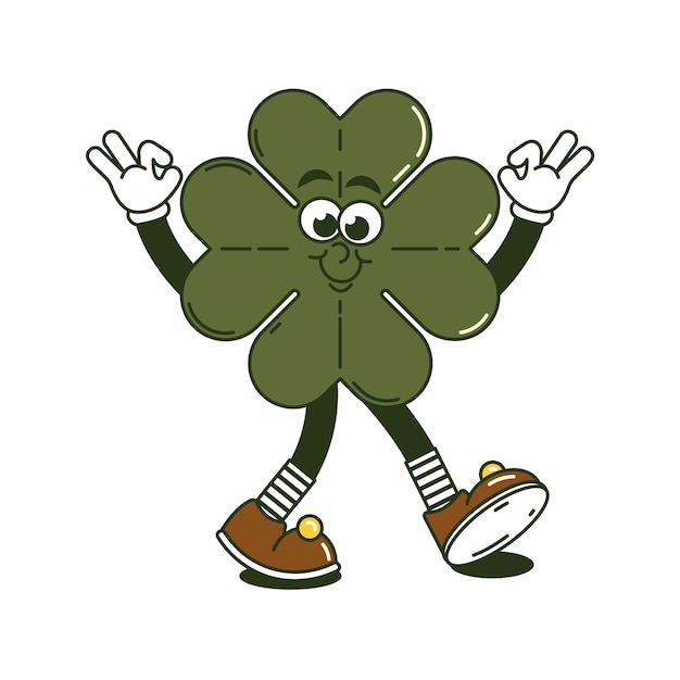 Adhesivo retro de Feliz Día de San Patricio Personaje de dibujos animados funky groovy trébol caminante con cuatro hojas Vintage mascota divertida parche psicodélica sonrisa y emoción Ilustración vectorial cómica de moda
