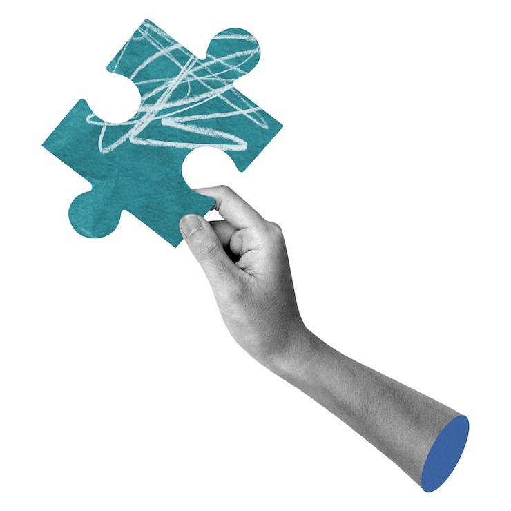 Foto adhesivo de rompecabezas de mano png diseño azul fondo transparente