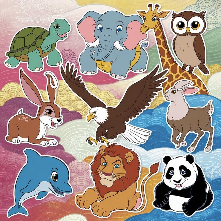 Adhesivos de dibujos animados de diferentes animales dispuestos en una fila sobre un fondo blanco