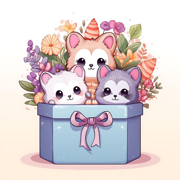 Foto adhesivos de una linda caja de regalo abierta con un animal adorable diseño de cajas de concepto creativo de regalo