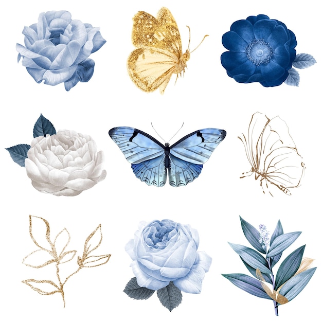 Adhesivos de mariposa de flores Png diseño azul remezclado de imágenes de dominio público vintage