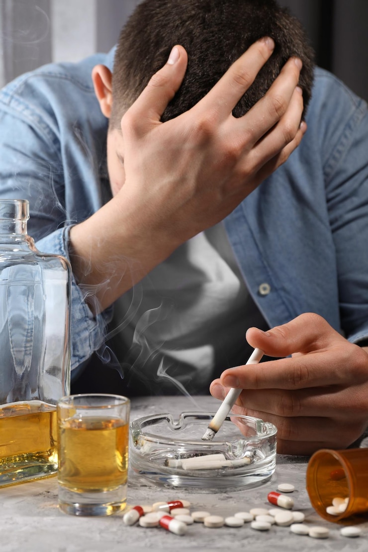 Foto adicción al alcohol y a las drogas hombre con cigarrillos humeantes whisky y pastillas en la mesa de textura gris