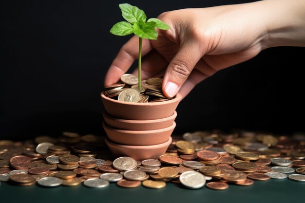 Adicionando uma moeda ao pote com uma planta em crescimento