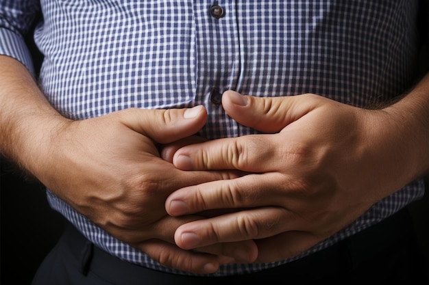 Adiposidad excesiva Una mano agarra la grasa abdominal extra que significa obesidad