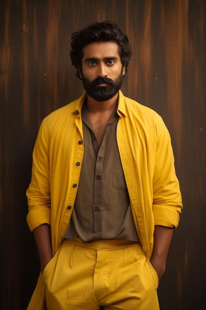 Foto aditya thiruvalluvar posa em roupa amarela