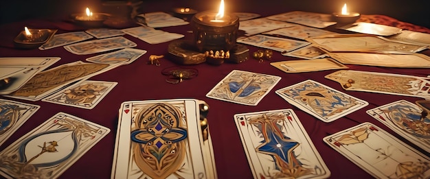 Un adivino expone las cartas del tarot en un patrón místico.