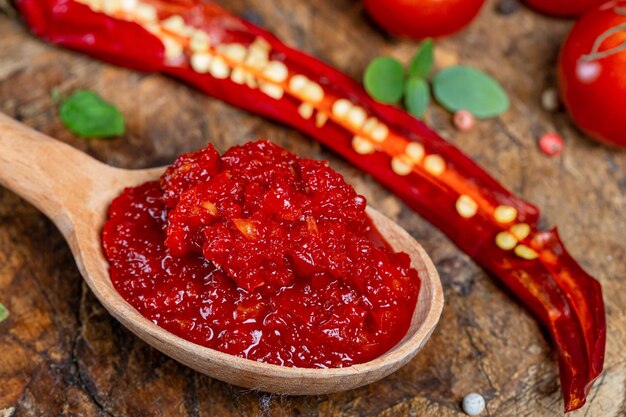 Foto adjika picante em close-up em uma colher de madeira com pimentas