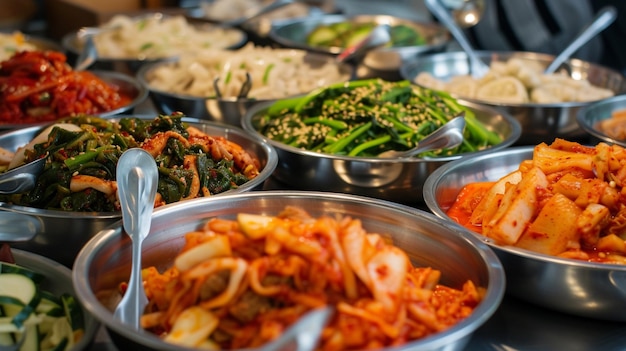 Adjuntos coreanos a la parrilla en bandejas de comida Generativo Ai