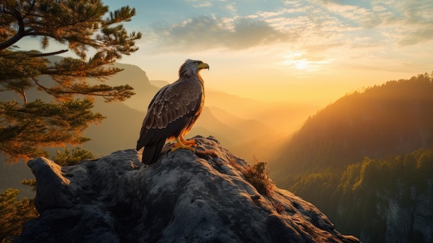 Adler auf einem Felsen mit Blick auf den Bergwald bei Sonnenaufgang