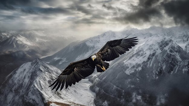 Adler fliegt am Berg mit generativer KI bei Sonnenuntergang