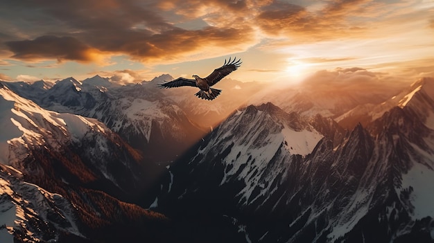 Adler fliegt am Berg mit generativer KI bei Sonnenuntergang