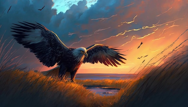 Adler fliegt bei Sonnenuntergang im Meer